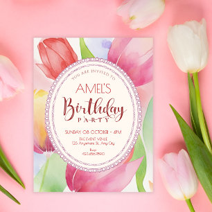 Invitación Tulipanes de acuarela florecen cumpleaños