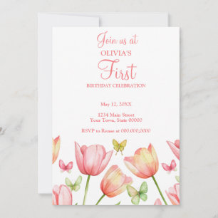 Invitación Tulipanes de acuarela rosa rubor Cumpleaños 1 