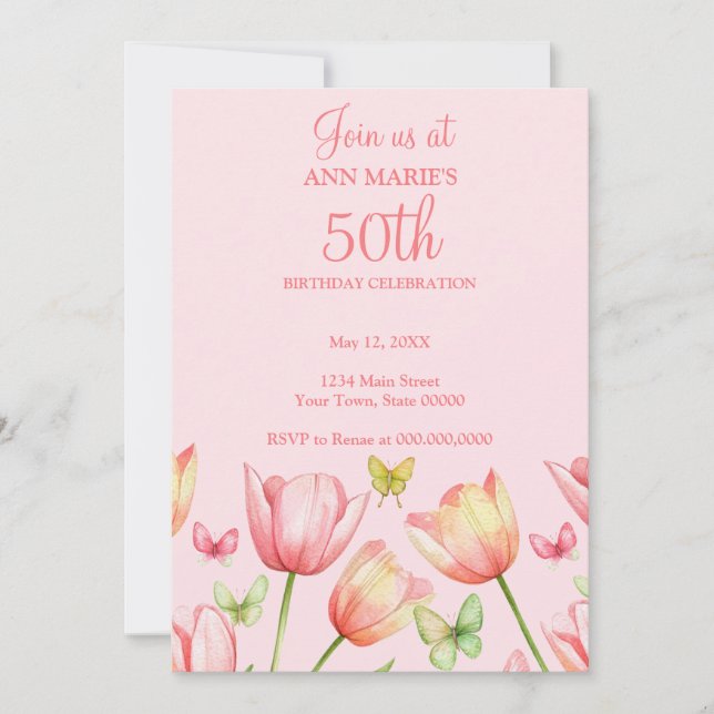 Invitación Tulipanes de acuarela rosa rubor fiesta de cumplea (Anverso)