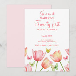 Invitación Tulipanes de acuarela rosa rubor Fiesta de cumplea