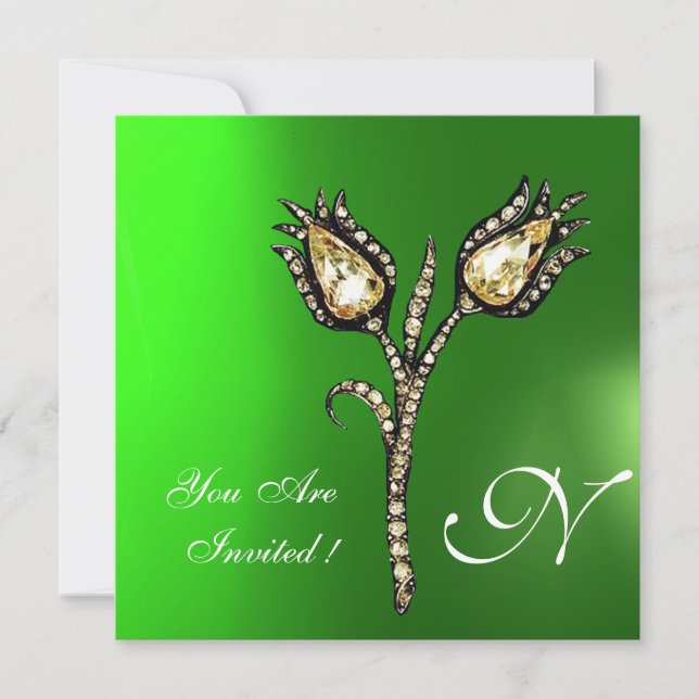 Invitación TULIPANES DE DIAMANTE MONOGRAMA , Esmeralda Verde (Anverso)