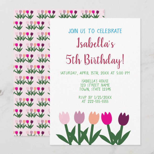 Invitación Tulipanes de dibujos animados rosados y morados Cu (Anverso / Reverso)
