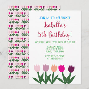 Invitación Tulipanes de dibujos animados rosados y morados Cu