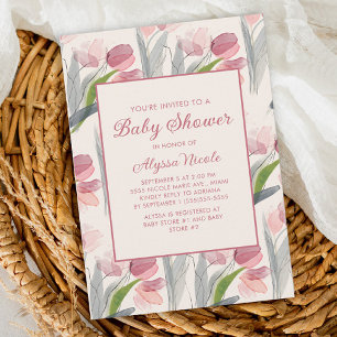 Invitación Tulipanes de Flor de Acuarela Rosa Sonrosado Baño 