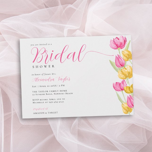 Invitación Tulipanes de primavera Moda Boho Ducha de novia ro (spring bridal shower invitation tulips hot pink yellow watercolor boho chic calligraphy pretty)