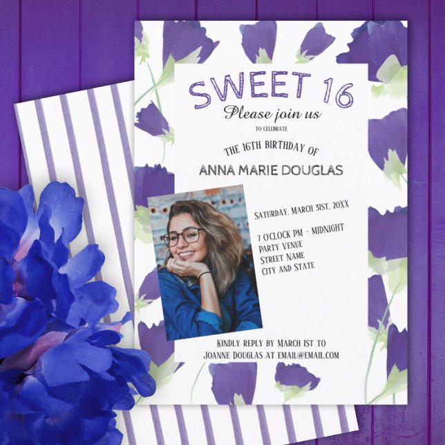 Invitación Tulipanes de Primavera Morada Dulce Floral 16 Invi (purple tulips floral summer spring springtime sweet 16 sixteen party invitations, flowers, stripes)