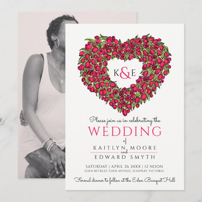 Invitación Tulipanes de primavera roja dibujo boda de corazón (Anverso / Reverso)