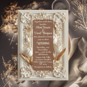 Invitación Tulipanes de volutas barrocas de oro marfil suave