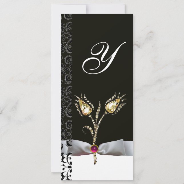 Invitación TULIPANES DIAMANTE , Monograma Damask Rosa Negro B (Anverso)