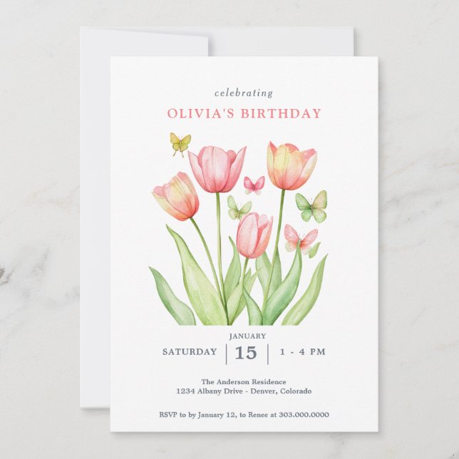 Invitación Tulipanes Florales Acuarela Peachy  (Anverso)