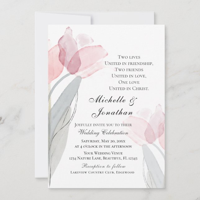 Invitación Tulipanes grises rosados Boda cristiano floral mod (Anverso)