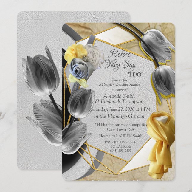 Invitación Tulipanes grises y amarillos sobre la textura (Anverso / Reverso)