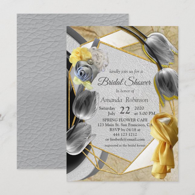 Invitación Tulipanes grises y amarillos sobre la textura (Anverso / Reverso)