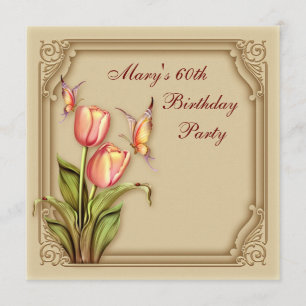 Invitación Tulipanes Mariposa Dorados Fiesta de Cumpleaños El