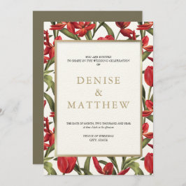 Invitación Tulipanes rojos acuarela floral con letras doradas