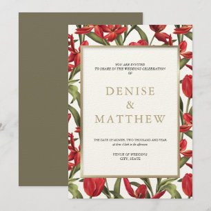 Invitación Tulipanes rojos acuarela floral con letras doradas