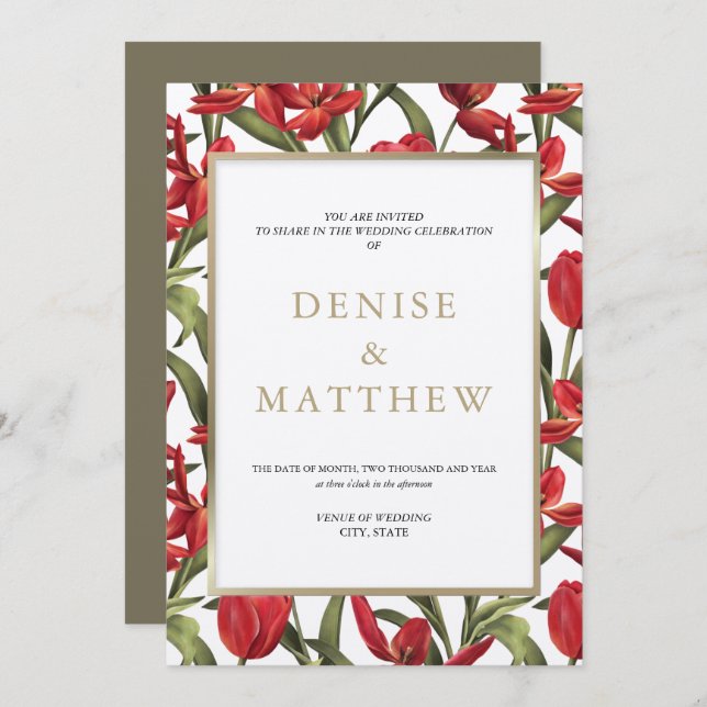 Invitación Tulipanes Rojos Aquarela Floral con Letra Dorada (Anverso / Reverso)