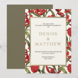 Invitación Tulipanes Rojos Aquarela Floral con Letra Dorada
