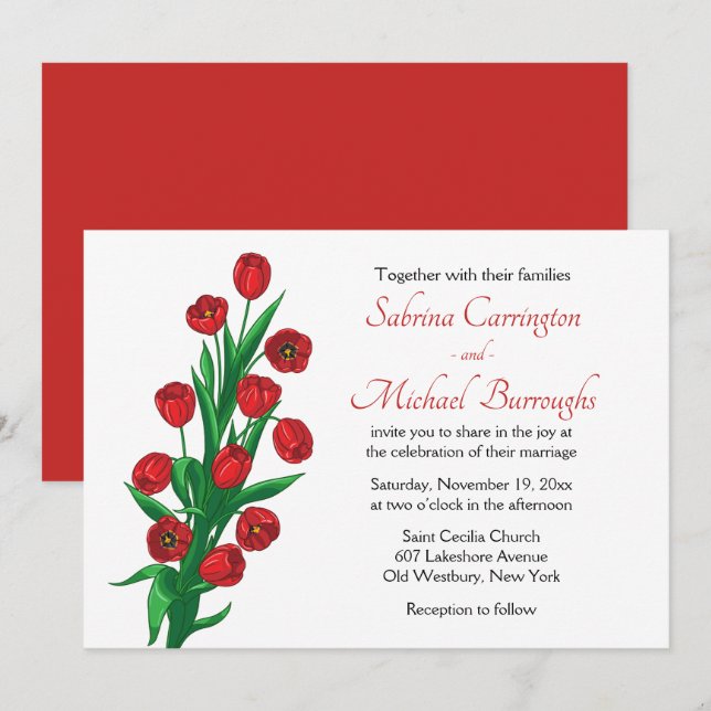 Invitación Tulipanes Rojos Flores Bodas Primavera Botánica (Anverso / Reverso)