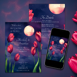 Invitación Tulipanes rojos, luna llena y estrellas todo en un
