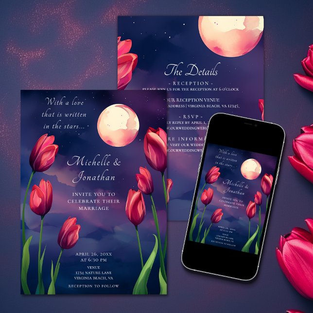 Invitación Tulipanes rojos, luna llena y estrellas todo en un (Red Tulips, Full Moon and Stars All in One Wedding Invitation)