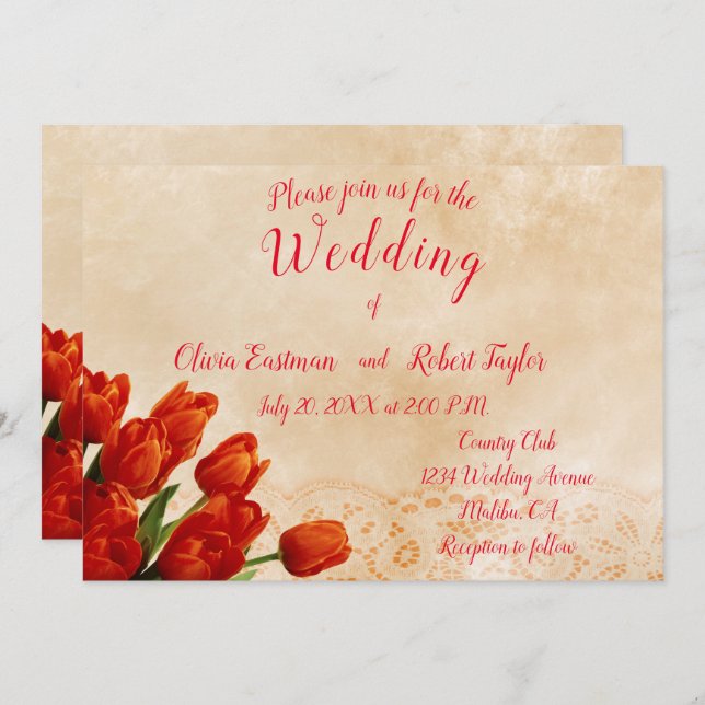 Invitación Tulipanes rojos personalizados sobre fondo de enca (Anverso / Reverso)