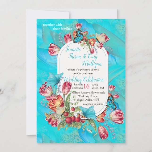 Invitación Tulipanes Rojos y Mariposas Visitantes. (Anverso)