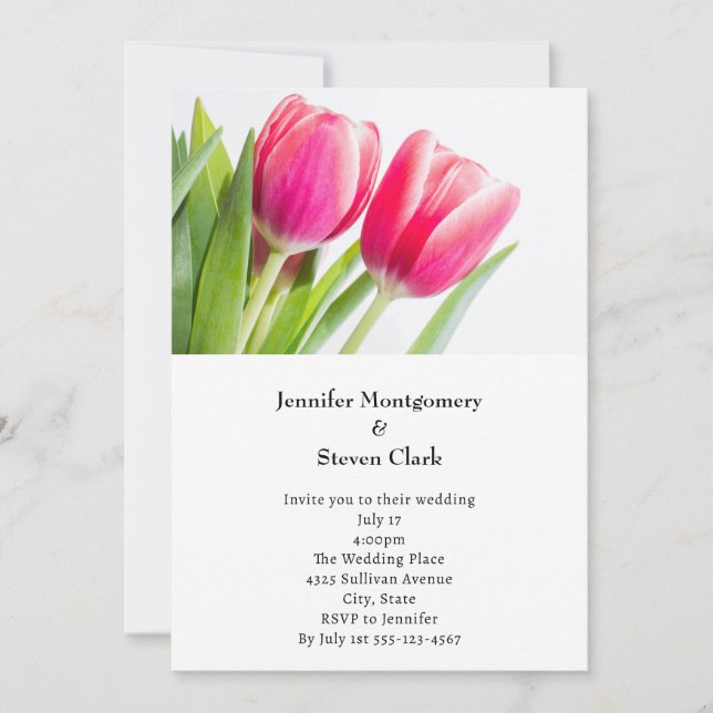 Invitación Tulipanes rosados con hojas verdes Boda fotográfic (Anverso)