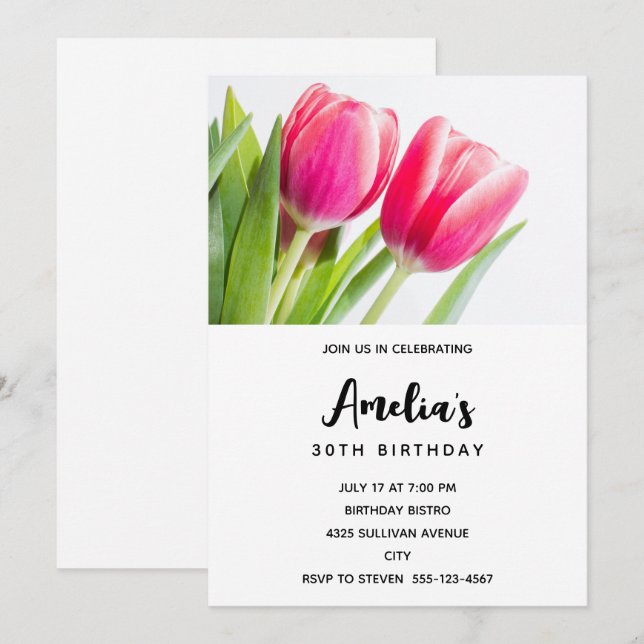 Invitación Tulipanes rosados con hojas verdes foto cumpleaños (Anverso / Reverso)