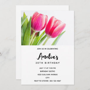 Invitación Tulipanes rosados con hojas verdes foto cumpleaños