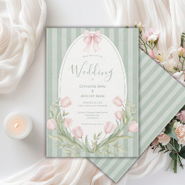Invitación Tulipanes rosados con raya verde salvia Boda vinta