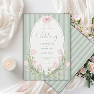 Invitación Tulipanes rosados con raya verde salvia Boda vinta
