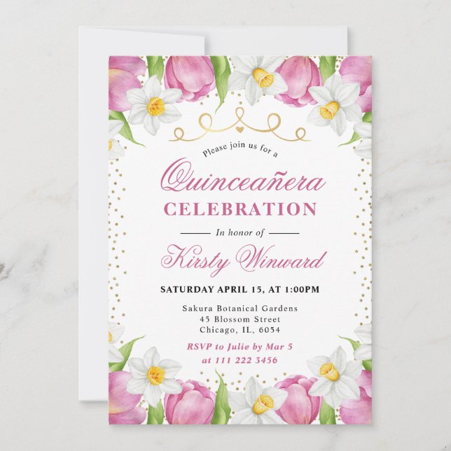 Invitación Tulipanes rosados de color acuarela Quinceanera (Anverso)