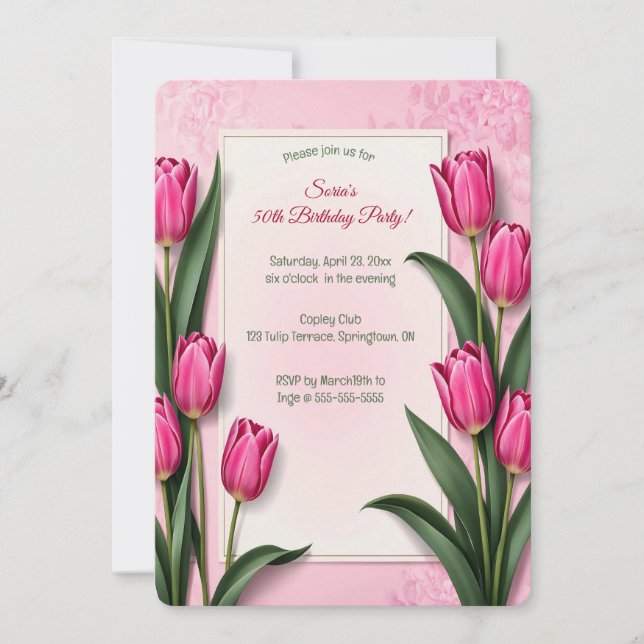 Invitación Tulipanes rosados editables (Anverso)