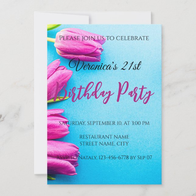 Invitación Tulipanes rosados en azul (Anverso)