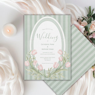Invitación Tulipanes rosados raya verde menta boda vintage