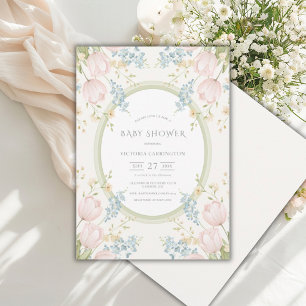 Invitación Tulipanes rosados Salvia floral verde vintage baby