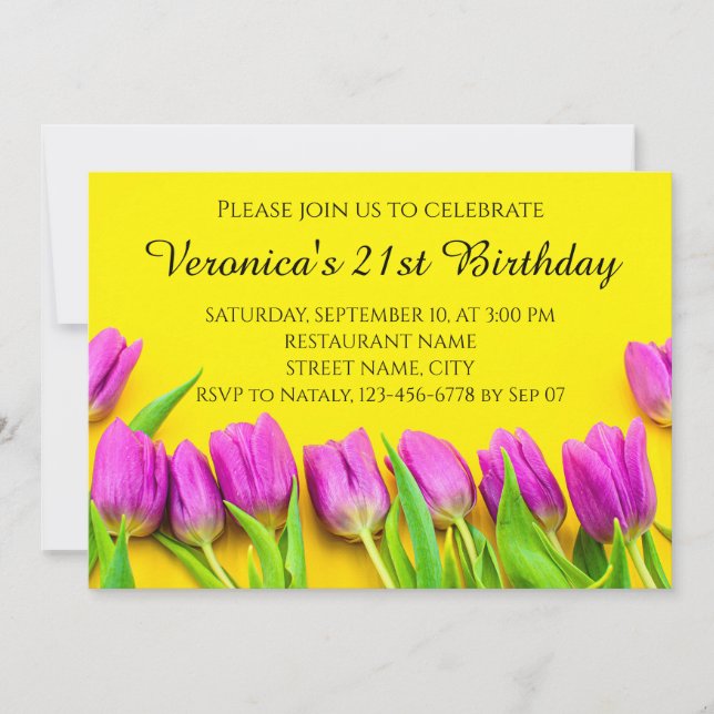Invitación Tulipanes rosados sobre fondo amarillo (Anverso)
