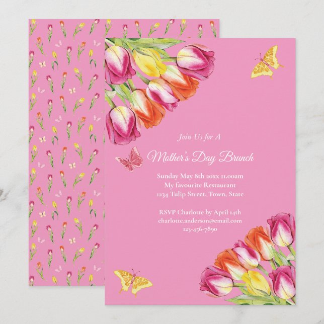 Invitación Tulipanes rosados y brunch del Día de la Madre (Anverso / Reverso)