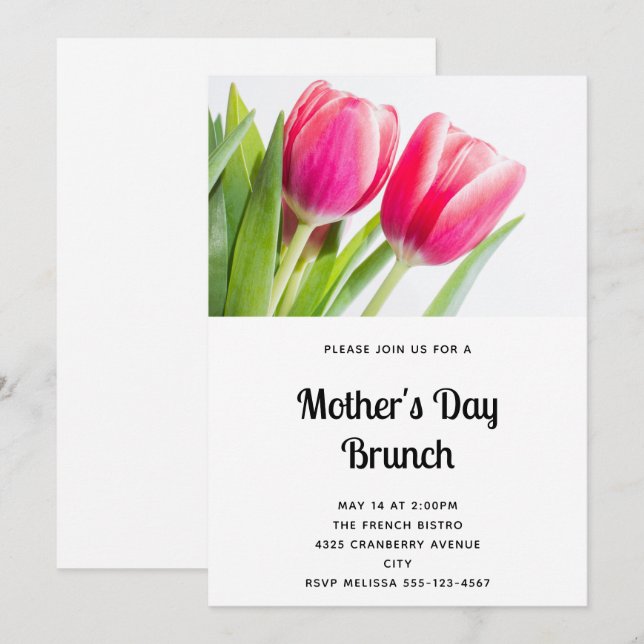 Invitación Tulipanes rosas con hojas verdes foto Día de la Ma (Anverso / Reverso)