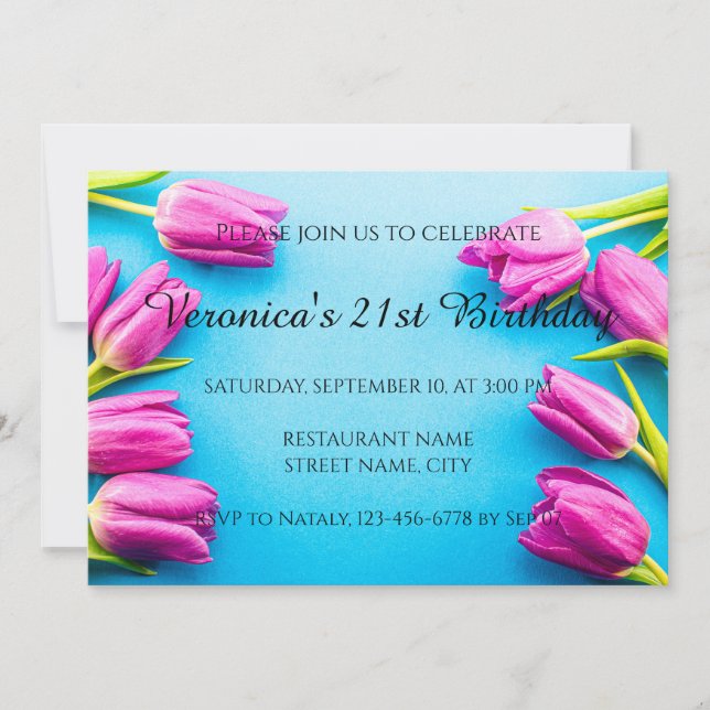 Invitación Tulipanes rosas sobre fondo azul (Anverso)