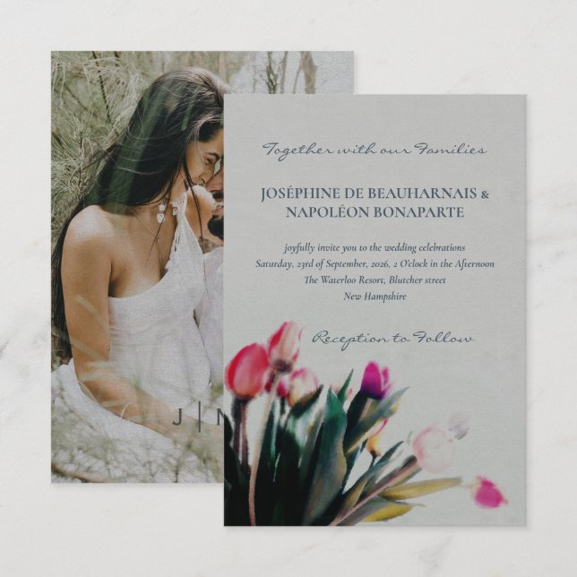 Invitación Tulipano romántico acuarela con boda fotográfico (Anverso / Reverso)