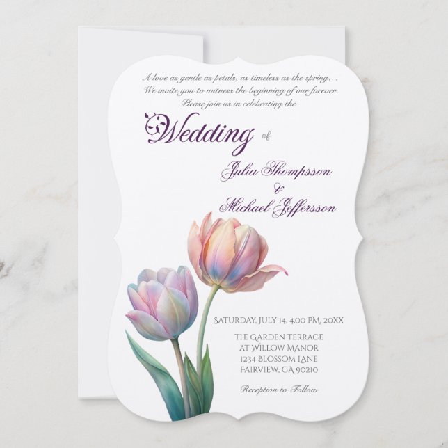 Invitación Tulipano romántico y poético pastel acuarela (Anverso)