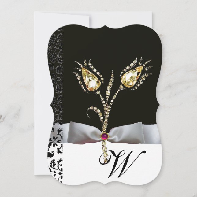 Invitación TULIPS DE DIAMONIO, Monograma de Damasco Blanco Ro (Anverso)