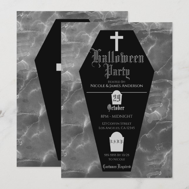 Invitación Tumba de Cofre Negro Gothic Fiesta de Halloween (Anverso / Reverso)