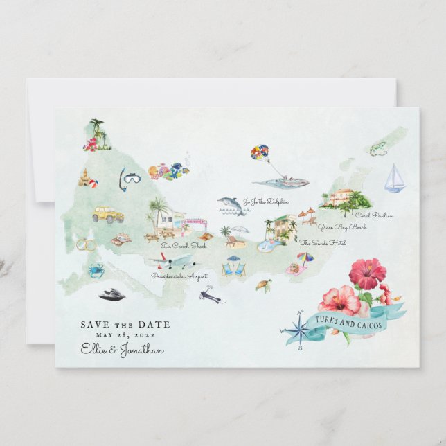 Invitación Turcas y Caicos | Mapa Itinerario de Boda de Desti (Anverso)