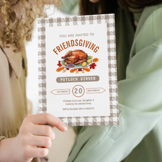Invitación Turkey Thanksgiving Potluck Dinner Fall Gingham  (Turkey Thanksgiving Potluck Dinner Fall Gingham Invitation)