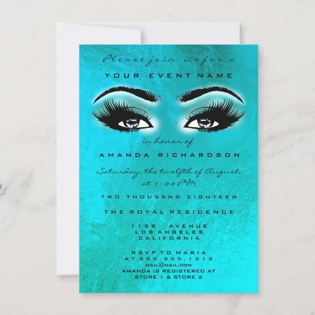 Invitación Turqoise Blue Ocean Makeup Purpurina Bridal Shower (Anverso)