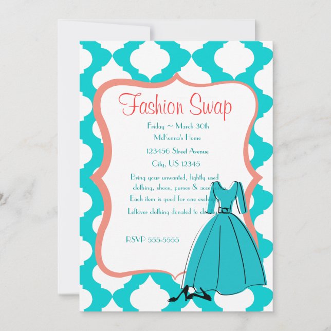 Invitación Turqoise & Coral Fashion Swap (Anverso)