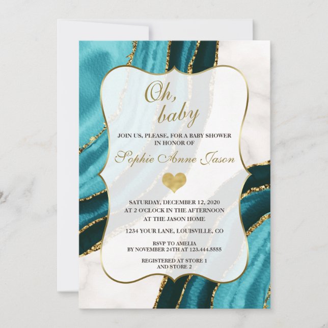 Invitación Turquesa acuarela Agate Gold Baby Shower (Anverso)
